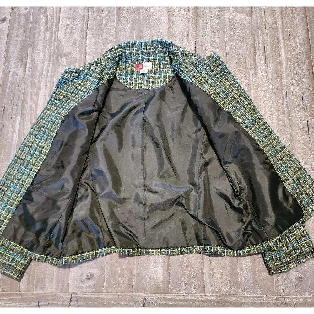 JM‎ Collection Womens Tweed Button-Up Blazer Size 12 Green Blue Pockets Lined